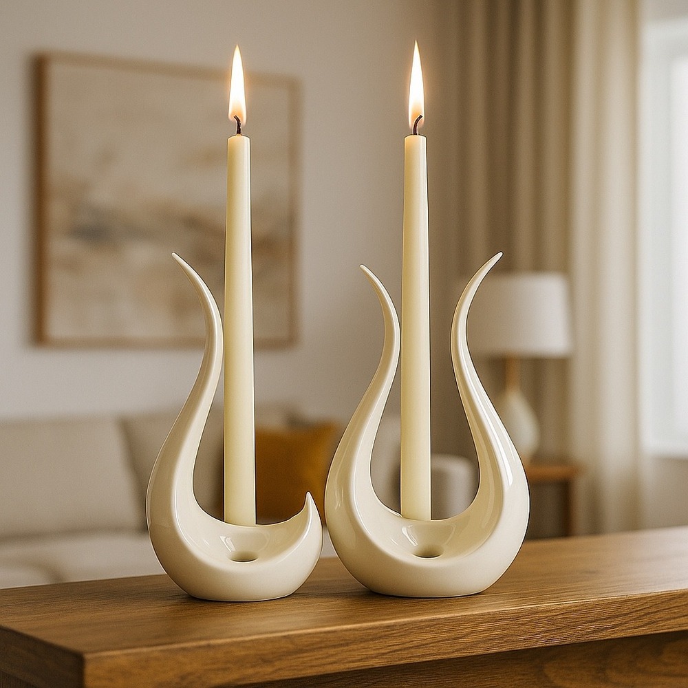 Lenox Ivory Porcelain Flame‎ Candle Holders Pair Mid Century Modern USA